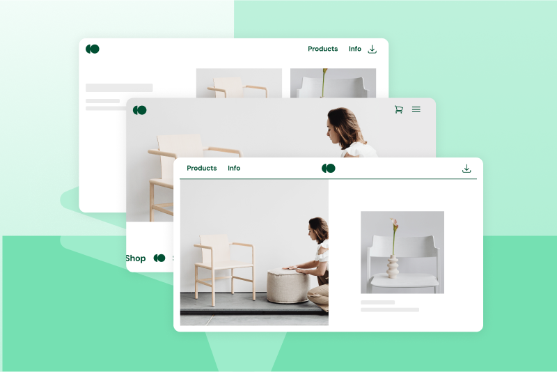 Stacked website layout mockups displaying minimalist product images of chairs and home décor, with navigation menus and green interface elements layered over a light green abstract background.