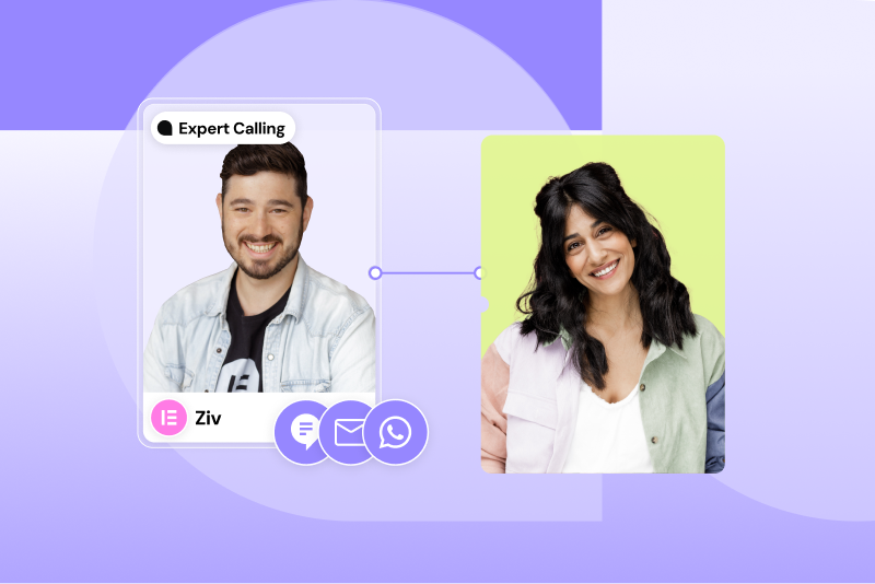 Two people shown in a digital interface: a smiling man labeled “Expert Calling” beside icons for chat, email, and messaging, and a smiling woman on a yellow background, connected visually by a linking graphic.