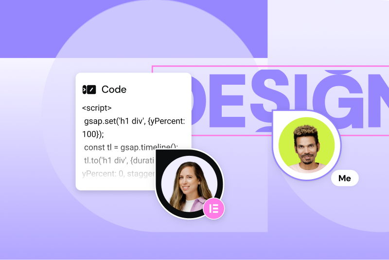 Code snippet overlay with GSAP script displayed on a purple design-themed background, accompanied by two circular profile photos—one of a woman with long hair and one of a man on a bright green background labeled “Me.”