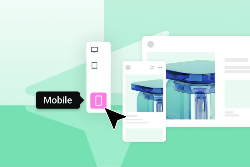 Interface showing a mobile preview selection with a cursor clicking a highlighted phone icon, displaying a product image on a mobile layout against a green abstract background.