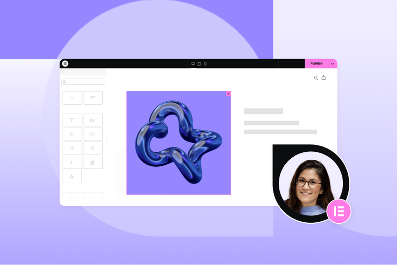 Website editor interface displaying a blue abstract 3D shape on a purple canvas, with layout tools on the left and a “Publish” button on the top right, alongside a circular photo of a smiling woman wearing glasses.